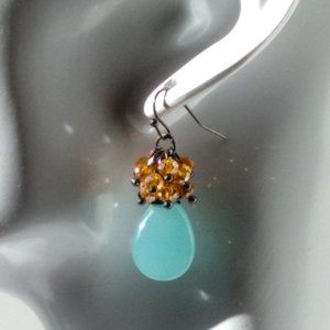 Sundance Faceted Blue Chalcedony, Crystal and Sterling Silver Hanging Earrings